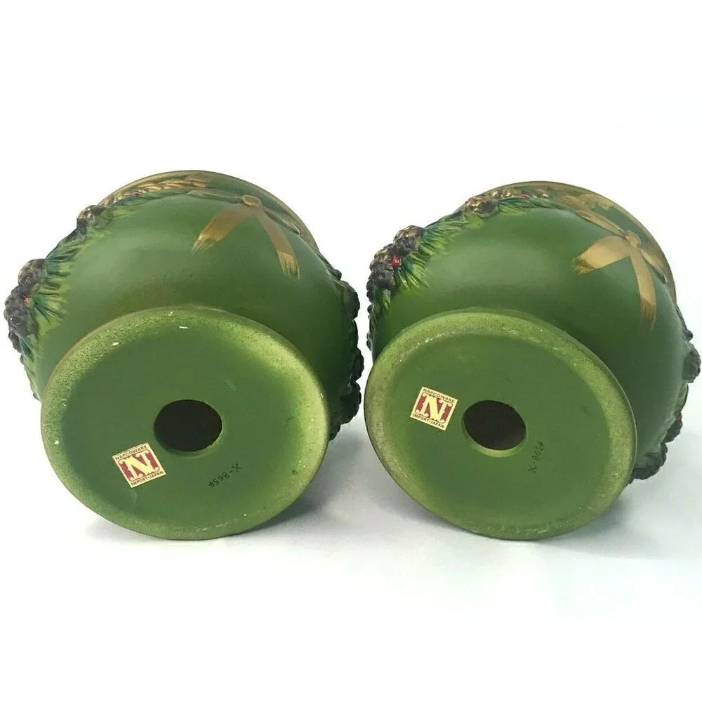 Napcoware Napco Taper Candle Holder Set of 2 Green Vtg MCM Christmas Pinecone